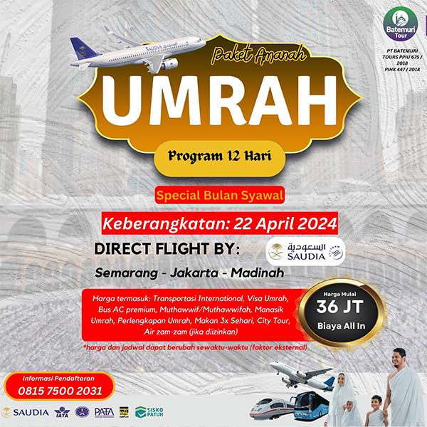 Umrah  Syawal 1445 H  , Adib Haramain, Paket 12 hari, Keberangkatan 22 April 2024